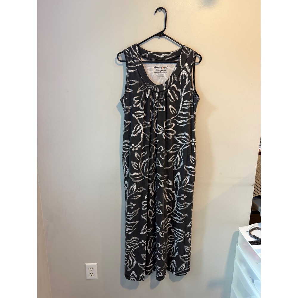 Dreams & Co Womens Gray White Leaf Print Sleeveless Maxi Lounger Dress Large 662